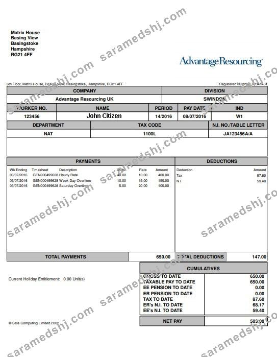 USA ADVANTANGE resourcing paystub in Word and PDF formats